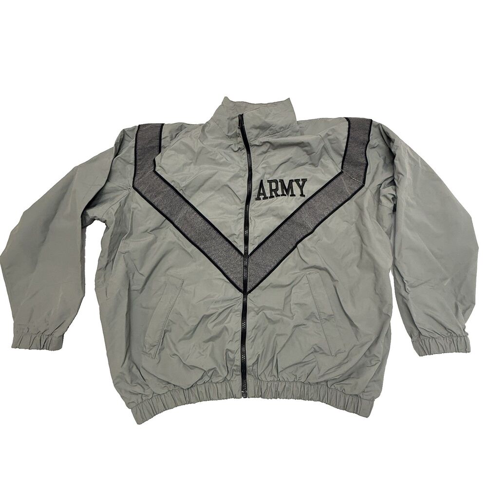 US Army IPFU PT Jacket Large Regular Skilcraft Gray Nylon Reflective Chevron EUC